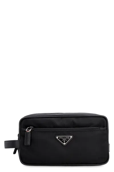 Prada Black Re-nylon And Leather Pouch