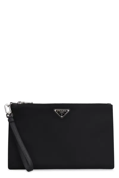 PRADA PRADA  BLACK RE-NYLON AND SAFFIANO POUCH