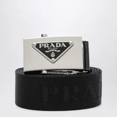 Prada Black Re-nylon Belt With Logo Buckle Men