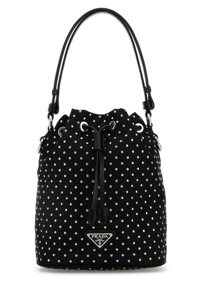 Prada Re-nylon Bucket Bag Studded Design In Black