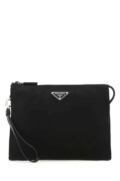 Prada Rectangular Re-nylon Clutch With Detachable Wrist Handle In Black