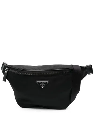 PRADA BLACK RE-NYLON ENAMEL-LOGO BELT BAG