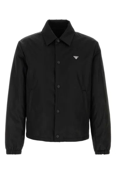 Prada Renylon Jacket Collared Design Elastic Cuffs In Black
