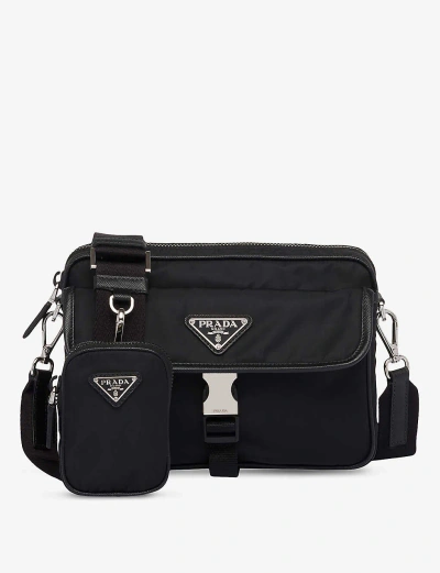 Prada Re-nylon Leather And Recycled-nylon Shoulder Bag In Black