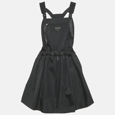 Pre-owned Prada Black Re-nylon Logo Patch Pinafore Mini Dress M