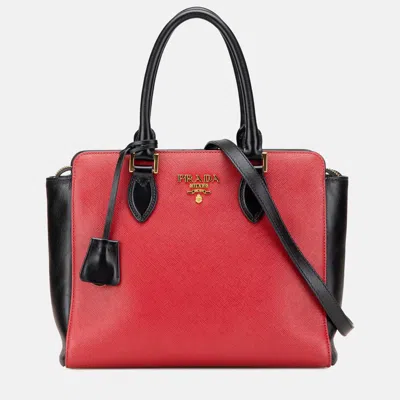 Pre-owned Prada Black Red Bicolor Soft Calf Trimmed Saffiano Satchel