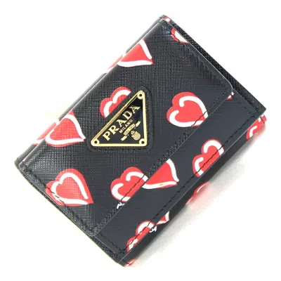 Pre-owned Prada Black Red Color Leather Wallet (tri-fold) () In Black, Red Color