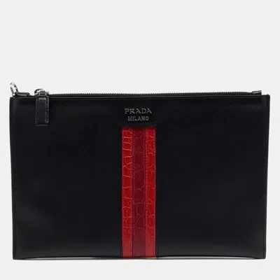 Pre-owned Prada Black Red Leather Saffiano Clutch