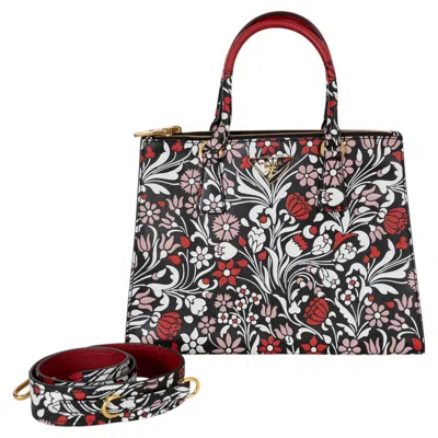 Pre-owned Prada Black Red Pink Leather 2017 Galleria Medium Floreale Tote Bag