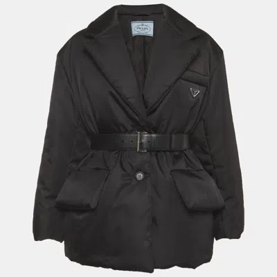 Pre-owned Prada Black Re-nylon Belted Puffer Down Jacket S