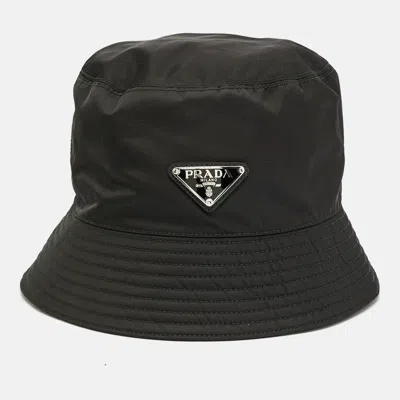 Pre-owned Prada Black Re-nylon Enamel Logo Bucket Hat M