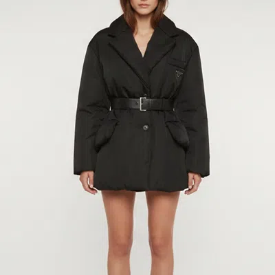 Pre-owned Prada Black Re-nylon Gabardine Belted Puffer Down Jacket S