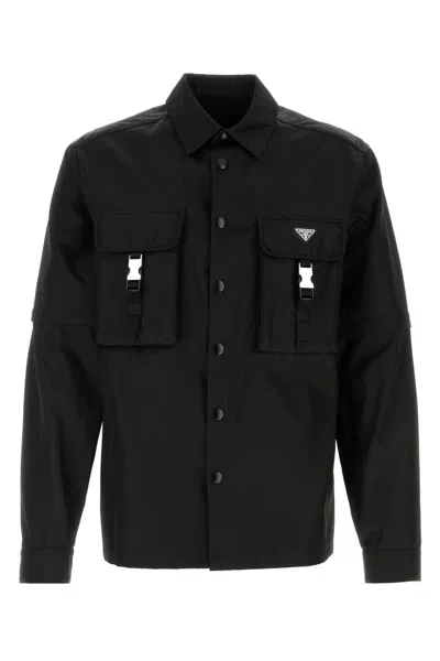 Prada Black Re-nylon Shirt In Animal Print