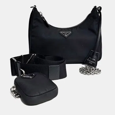Pre-owned Prada Black Re-nylon Tessuto Chain Strap Hobo Bag