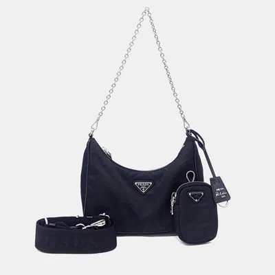 Pre-owned Prada Black Re-nylon Tessuto Chain Strap Hobo Bag
