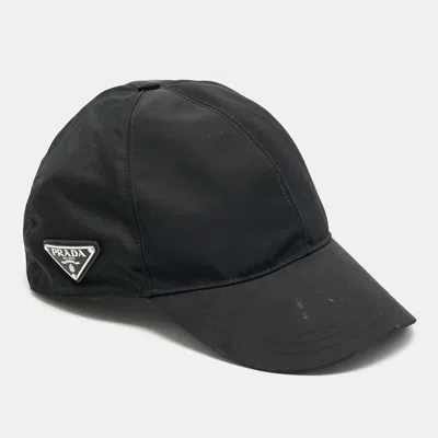 Pre-owned Prada Black Re-nylon Triangle Logo Plaque Baseball Cap Xl