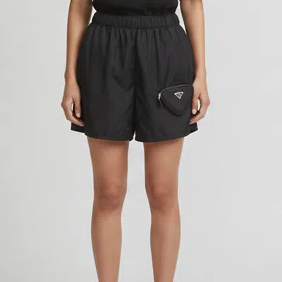 Pre-owned Prada Black Re-nylon Triangle Pocket Detail Shorts Xxs