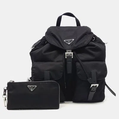 Pre-owned Prada Black Re-nylon Two-pocket Backpack (1bz811)