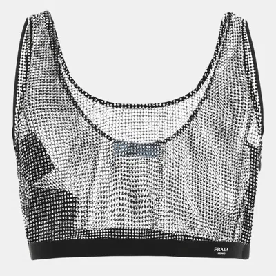 Pre-owned Prada Black Rhinestone Mesh Sheer Crop Top M