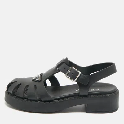 Pre-owned Prada Black Rubber Monolith Ankle Strap Sandals Size 40
