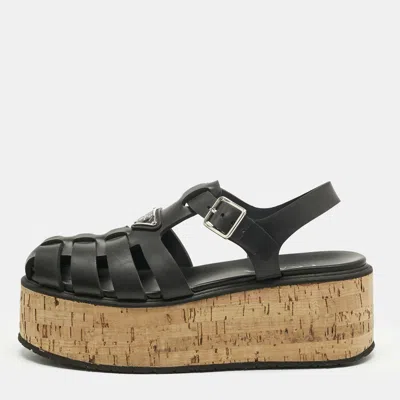 Pre-owned Prada Black Rubber Monolith Platform Cork Sandals Size 41