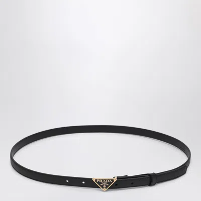 Prada Triangle Logo Saffiano Thin Leather Belt In Black