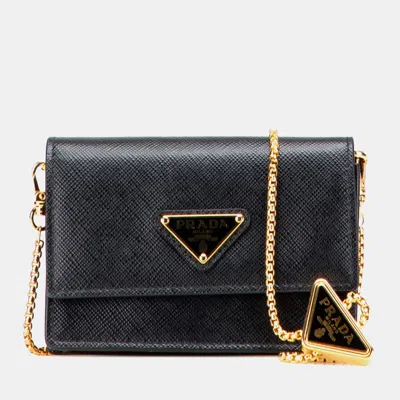 Pre-owned Prada Black Saffiano Card Holder On Chain