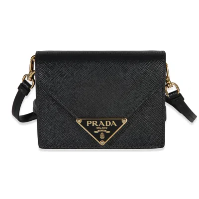 Pre-owned Prada Black Saffiano Card Holder With Strap