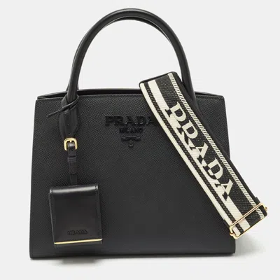 Pre-owned Prada Black Saffiano Cuir Leather Small Monochrome Tote