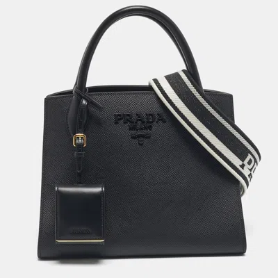 Pre-owned Prada Black Saffiano Cuir Leather Small Monochrome Tote