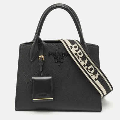 Pre-owned Prada Black Saffiano Cuir Leather Small Monochrome Tote