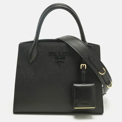 Pre-owned Prada Black Saffiano Cuir Leather Small Monochrome Tote
