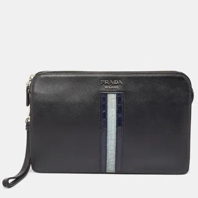 Pre-owned Prada Black Saffiano Leather And Alligator Zip Pouch