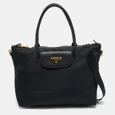 Pre-owned Prada Black Saffiano Leather And Nylon Front Pocket Tote