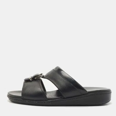 Pre-owned Prada Black Saffiano Leather Buckle Slide Flat Sandals Size 41