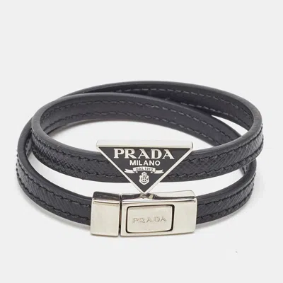 Pre-owned Prada Black Saffiano Leather Double Wrap Logo Bracelet