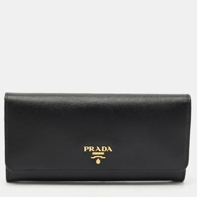 Pre-owned Prada Black Saffiano Leather Flap Continental Wallet