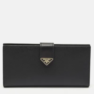 Pre-owned Prada Black Saffiano Leather Logo Plaque Wallet