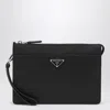 Prada Mens Black Logo-plaque Saffiano-leather Pouch In Black