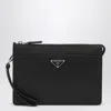 Prada Mens Black Logo-plaque Saffiano-leather Pouch In Black