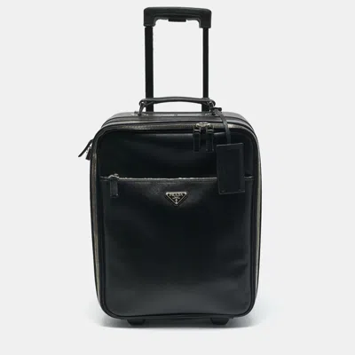Pre-owned Prada Black Saffiano Leather Rolling Trolley Luggage