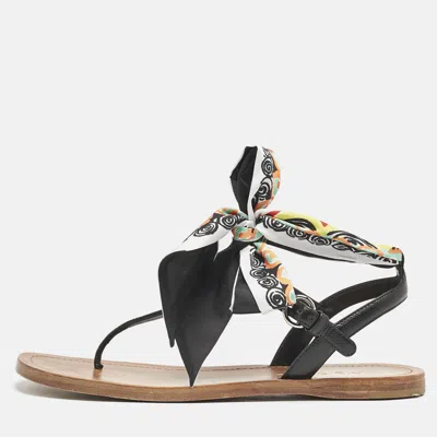 Pre-owned Prada Black Saffiano Leather T-strap Ribbon Flat Sandals Size 40