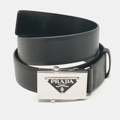 Pre-owned Prada Black Saffiano Leather Triangle Logo Buckle Belt 85 Cm