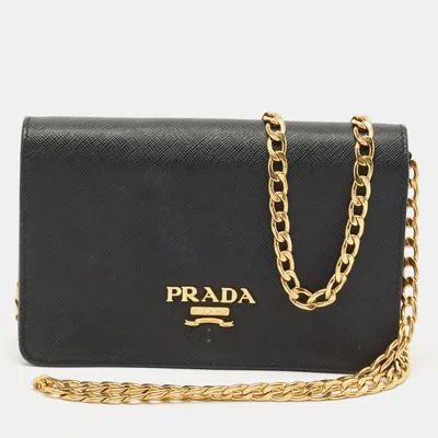 Pre-owned Prada Black Saffiano Leather Wallet On Chain
