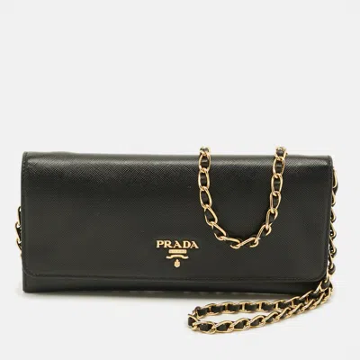 Pre-owned Prada Black Saffiano Leather Wallet On Chain