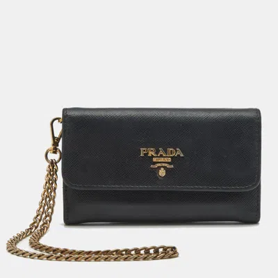 Pre-owned Prada Black Saffiano Leather Wallet On Chain