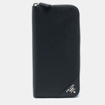 Pre-owned Prada Black Saffiano Leather Zip Around Wallet