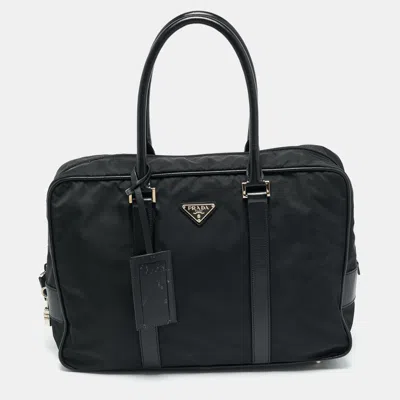Pre-owned Prada Black Saffiano Lux Leather And Nylon Laptop Briefcase Bag