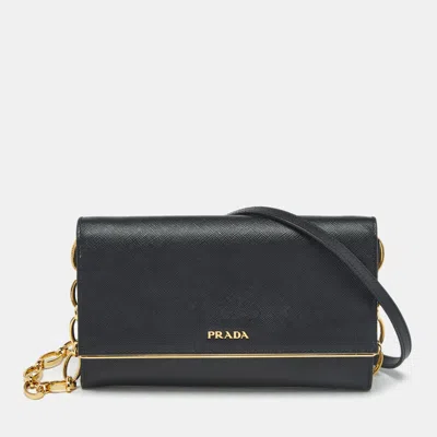 Pre-owned Prada Black Saffiano Lux Leather Metal Bar Flap Clutch