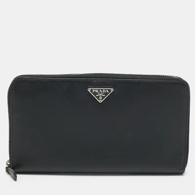 Pre-owned Prada Black Saffiano Lux Leather Zip Around Wallet Organizer